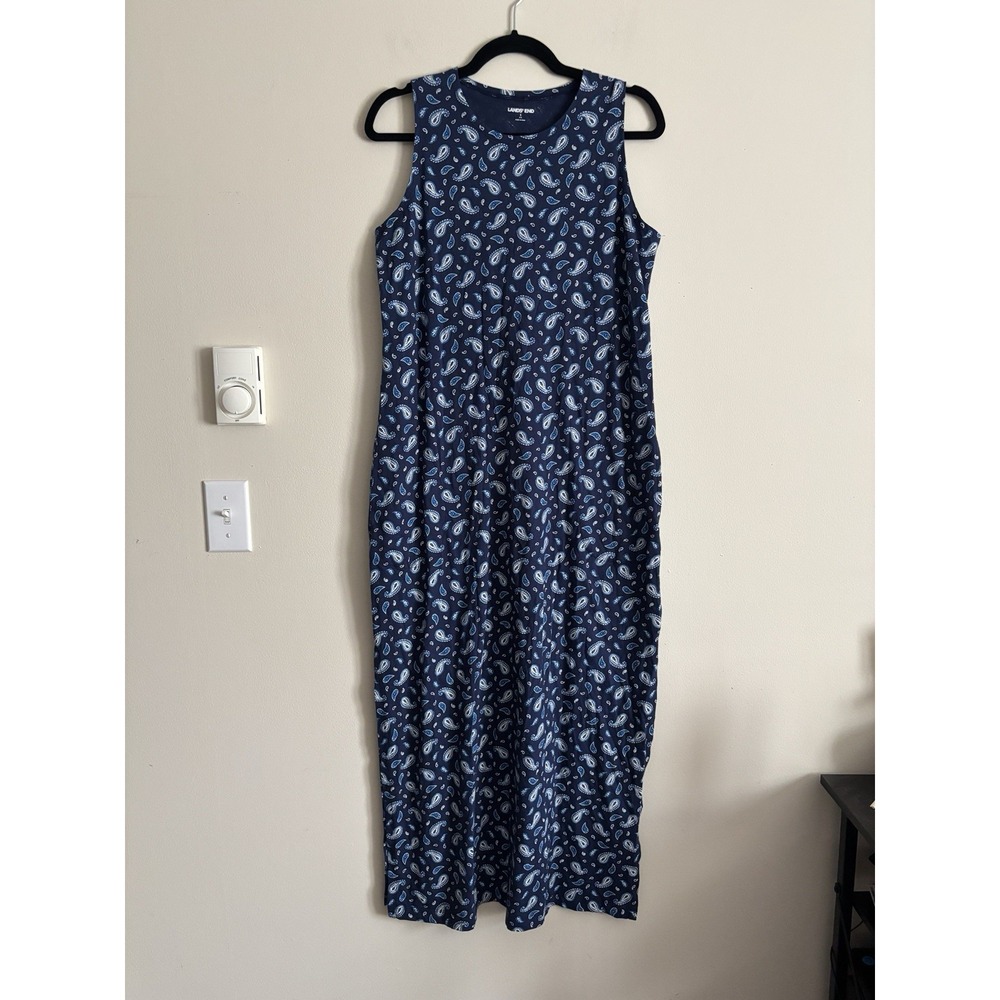 Lands End COTTON Womens Small Maxi Dress Paisley Floral‎ Blue Stretch